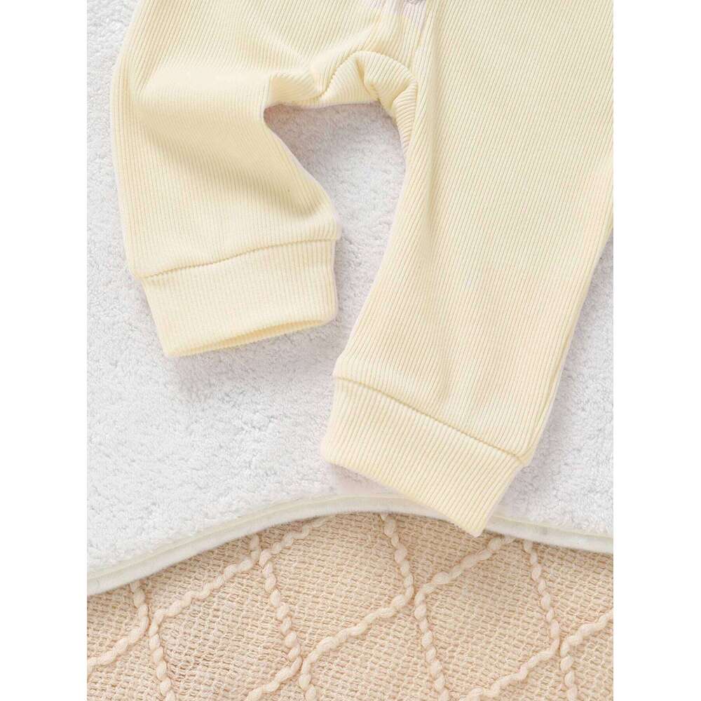 2PC Set Infant Girl Autumn Ruffle Long Sleeve Cute Bear Motif Ribbed Romper and Headband 26H0224