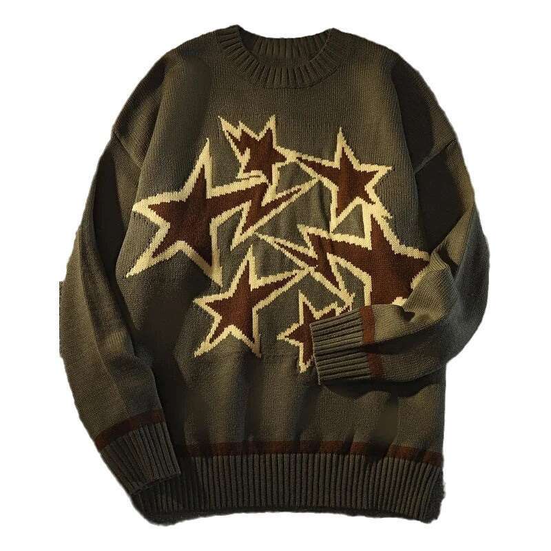 American-Style Trendy Brand Five-Pointed Star Jacquard Crew Neck Sweater For Men Women, Loose Casual , Autumn And Winter Knit Top