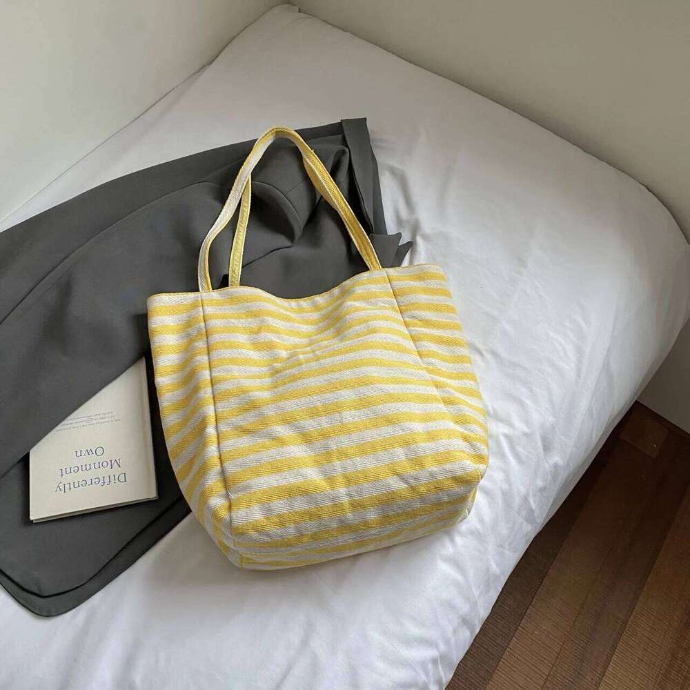 Double stripe canvas - Large capacity, relaxed style tote bag women, suitable for students and casual commuting, single Z260224