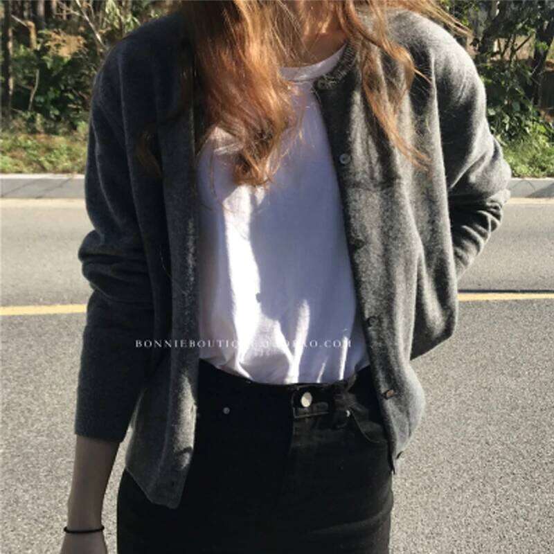 O Neck Solid Color Simple Short Loose Fit Knitted Cardigan Pring Autumn Sweet Casual Long Sleeve Sweater Jacket Women New 9053 26L0224