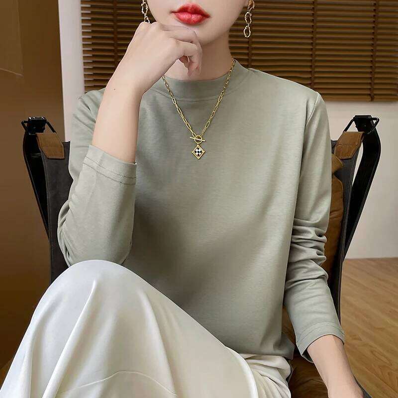 Spring and Autumn Half-high-necked Women's Long-Sleeved T-shirt Cotton New Bottoming Shirt Loose Outside 26Y0224