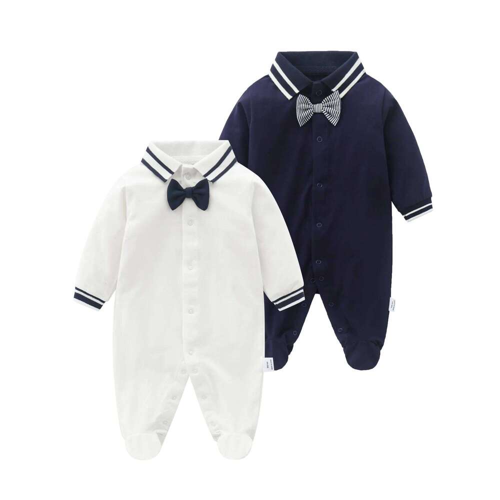 Spring Autumn Kids Baby Rompers Bow Applique Turn Down Collar Toddler Boy Jumpsuits Newborn Boys Overalls Infant Bodysuits 26Y0224
