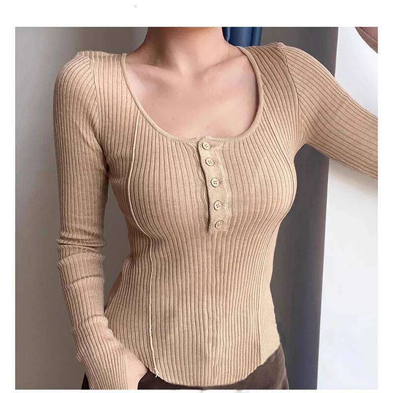Women's Clothing Fashion All-match Solid Knit Pullovers Spring Summer Elegant Square Collar Chic Button Sweater Lady Vintage Top 26L0224