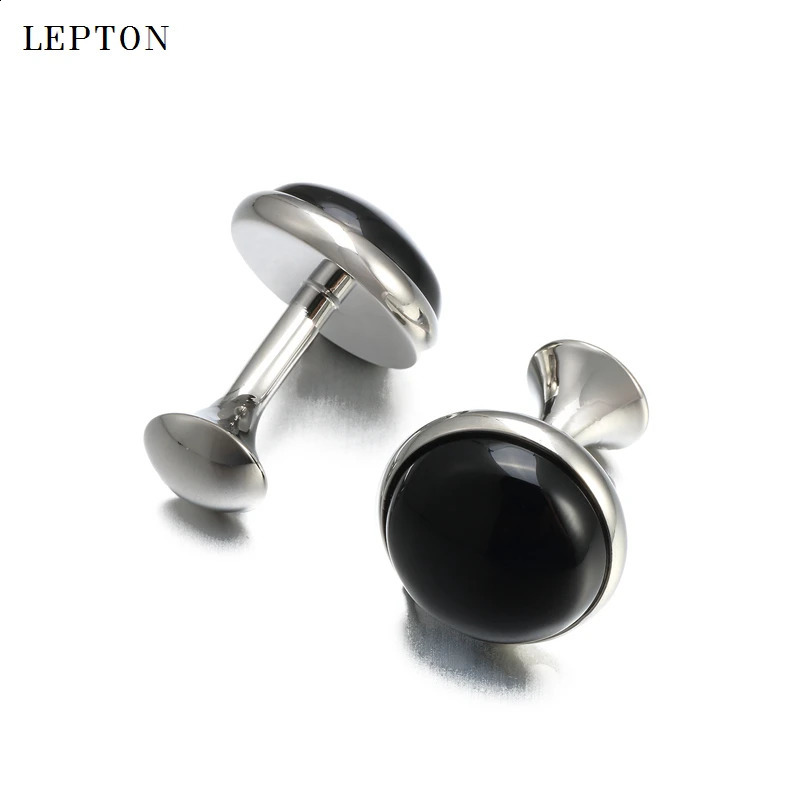 Low-key Black Onyx Cufflinks for Mens Business Lepton High Quality Gold Color Round Onyx Stone Cuff links Relojes gemelos 260208