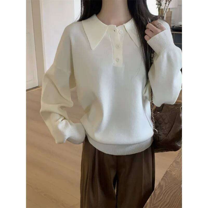 Retro Korean Polo Collar Women Autumn Winter Loose Top Pullover Sweater 26W0224