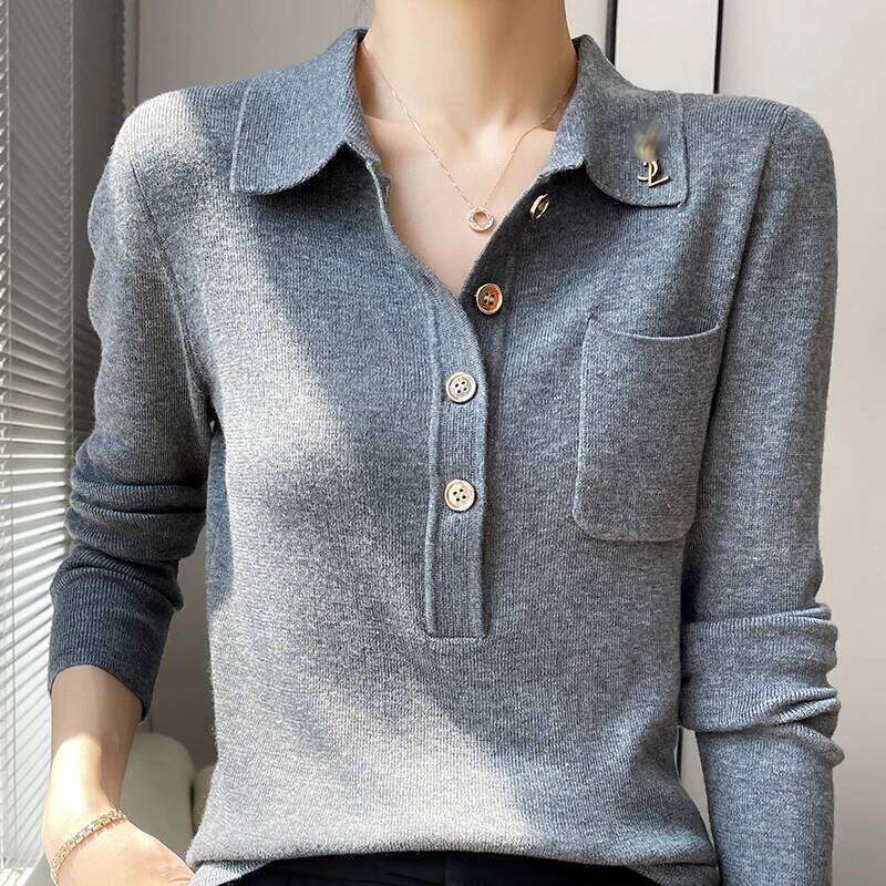 Women 100% Pure Merino Wool Soft Sweater Polo Collar Pullover Autumn Winter Casual Knit Tops Solid Color Regular Female Knitwear 26W0224