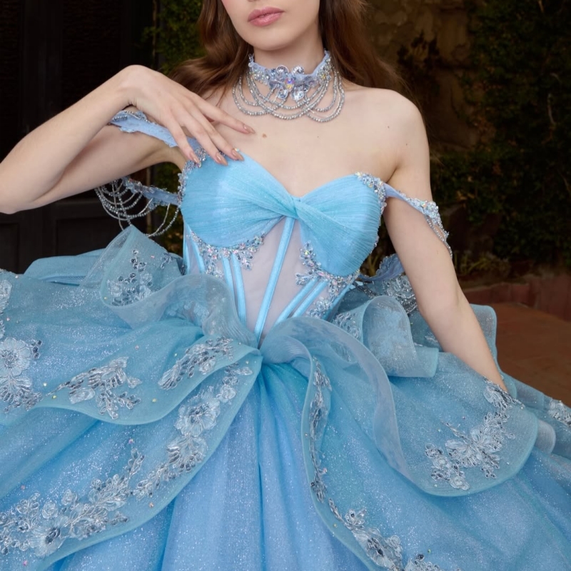 Sky Blue Shiny Quinceanera Dresses Ball Gown Off The Shoulder Applique Lace Beading Crystal Bow Tull Party Birthday Sweet 16 Vestidos 15 De Anos