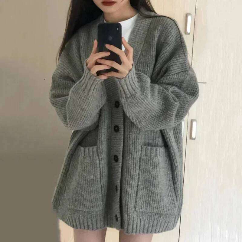 Mardi Hefxessdr Korean Collee Style Sinle Breasted Cardians Loose and Lazy V nec Bi Pocet Knitted Cardian Women s Popular Coat Sweater
