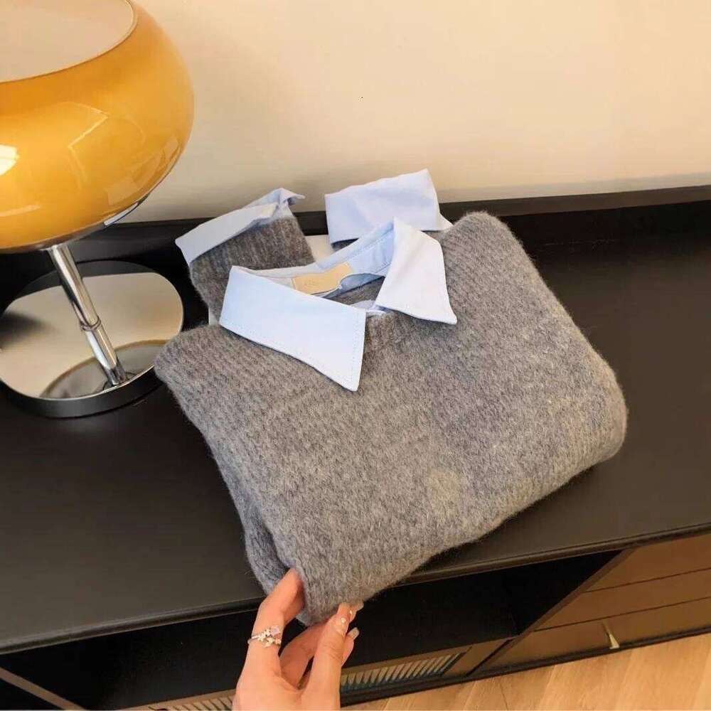 Mardi Hefxessdr Fae Two Shirts Women s Autumn Outfit New Lazy Linterior Contrastin Color Gray Knit Sweater Top With Flip Collar