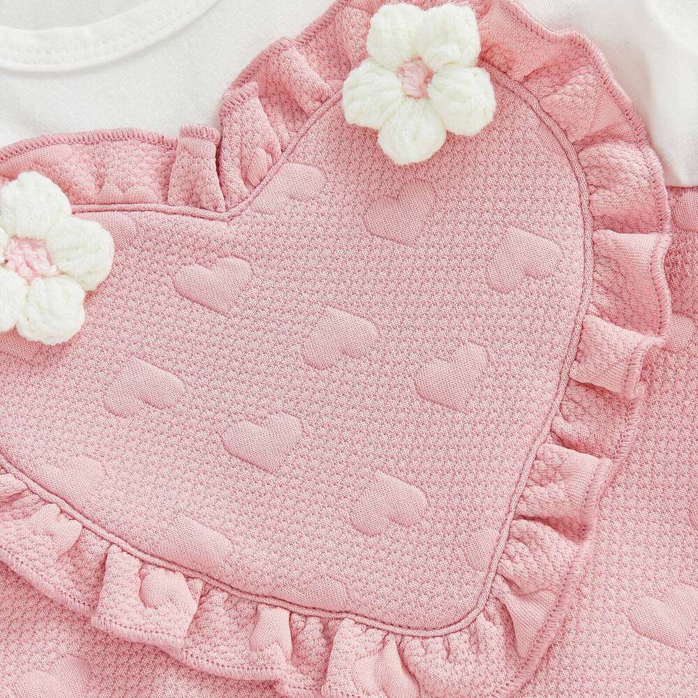 0-18Months Infant Baby Girls Spring Romper Fake Two Pieces Heart Jacquard 3D Floral Long Sleeve Round Neck Jumpsuit 26H0224