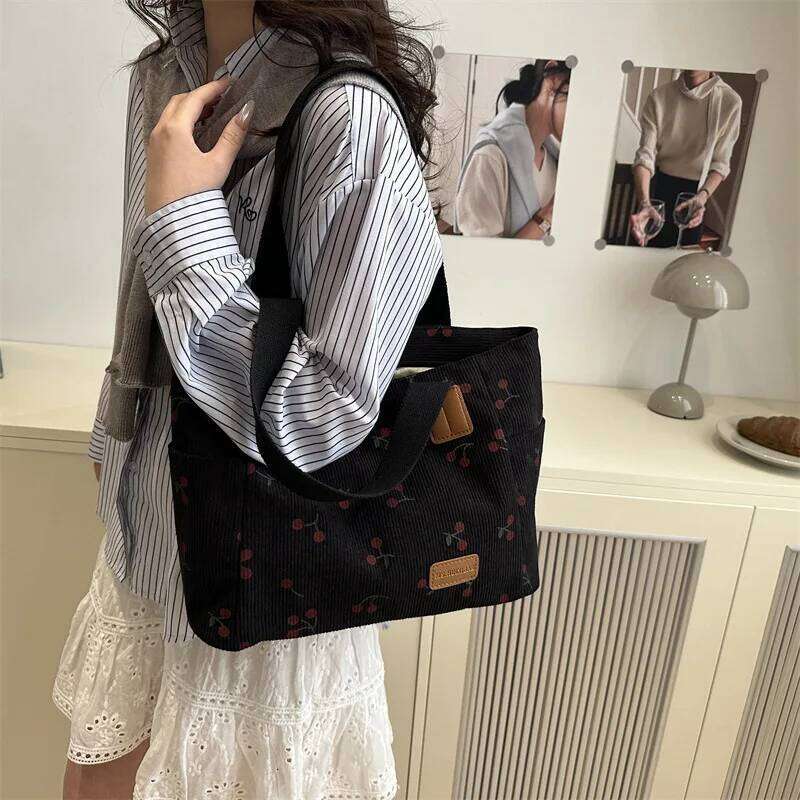 Simple Women's Corduroy Portable Shoulder Bag Cherry Print Ladies Casual Tote Bags Commuter Cute Female Shopping Handbags Z260224