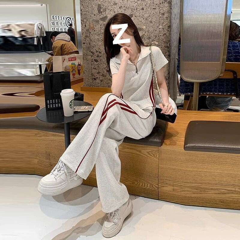 Fashion suit women's summer new Korean style polo collar top casual sports wide leg pants two-piece set new in matching sets