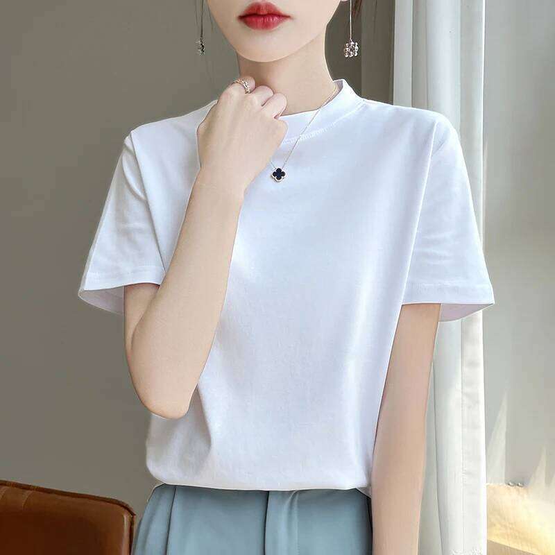Spring and Autumn New Semi-high-necked Cotton Short-sleeved Women's Stand-up T-shirt Joker Loose Sleeve Top Slim Bottom 26Y0224
