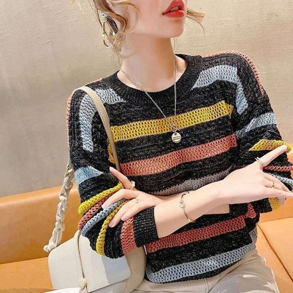 Women Sweater Loose Korean Fashion Knitted Autumn Spring Jumper Striped Hollow Out Streetwear Round Neck Female Clothing 26L0224