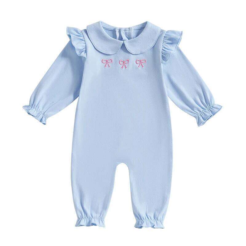 Newborn Girl Long Sleeve Jumpsuit Bow Print Peter Pan Collar Ruffle Romper Playsuit Baby Outfit 26H0224