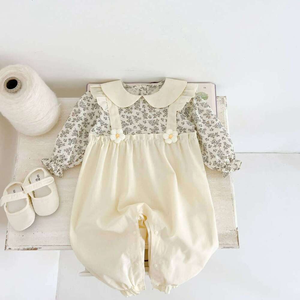 autumn Newborn Infant Girls Flower Romper Muslin Fake two pieces lapel Rompers Kids Onepiece Fashion Baby Clothing 26H0224
