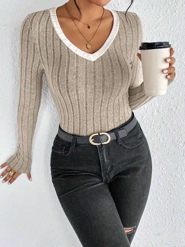 Slim Sexy Knit Long Sleeve V-Neck Neck Edge Clash Top New Autumn and Winter Women's Casual Pullover 26L0224