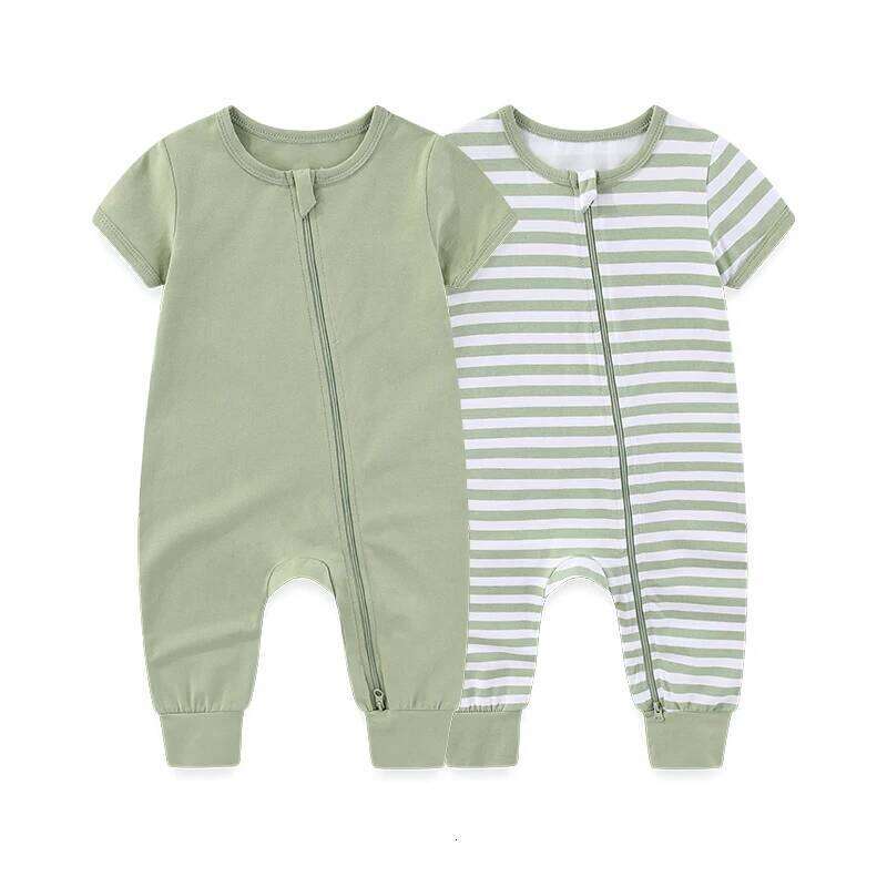 Kiddiezoom 2 Pcs/Lot Unisex Solid Short Sleeve Zipper Baby Boy Girl Romper Cotton Soft Newborn Jumpsuits Clothing 26Y0224