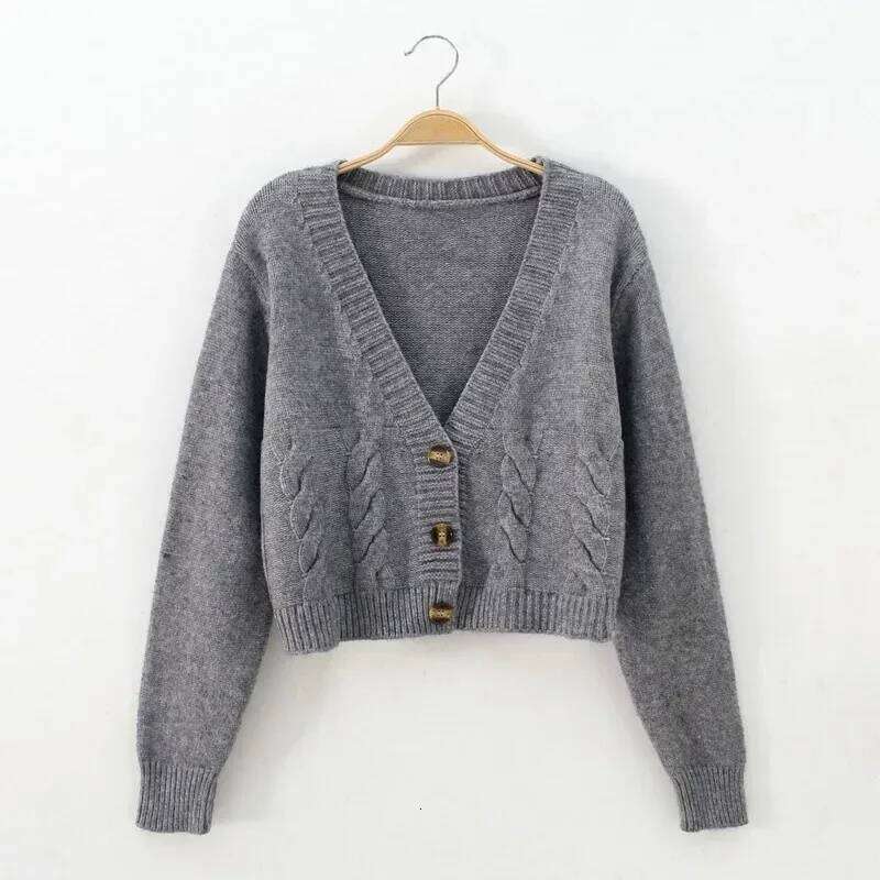 V Neck Cropped Women Long Sleeve Twist Knitted Sweater Coats Autumn Winter Keep Warm Korean Fashion Jacket Cardigan 26L0224