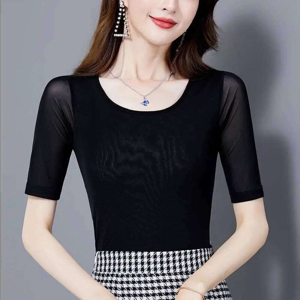 Women's New Mesh T S-3XL Basic O-neck Short Sleeve Shirt Women Slim Stretch Bottoming Top Red Green Ladies Sexy Tees 26Y0224