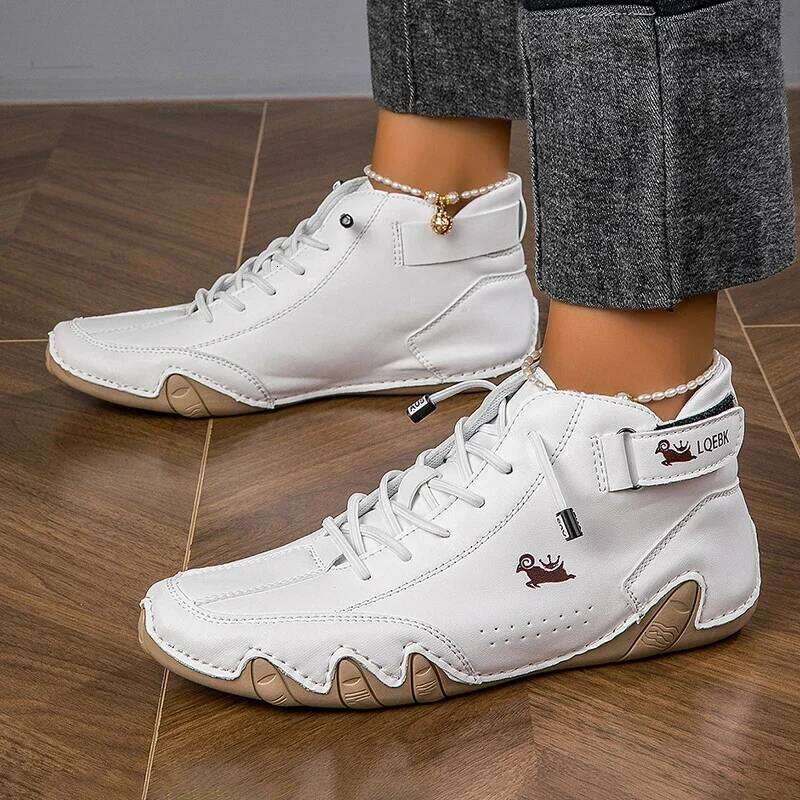 Women Nude Boots Leather Fashionable Lace Up Design Comfortable Soft Soled Daily Activities Walking Travel High Top Shoes
