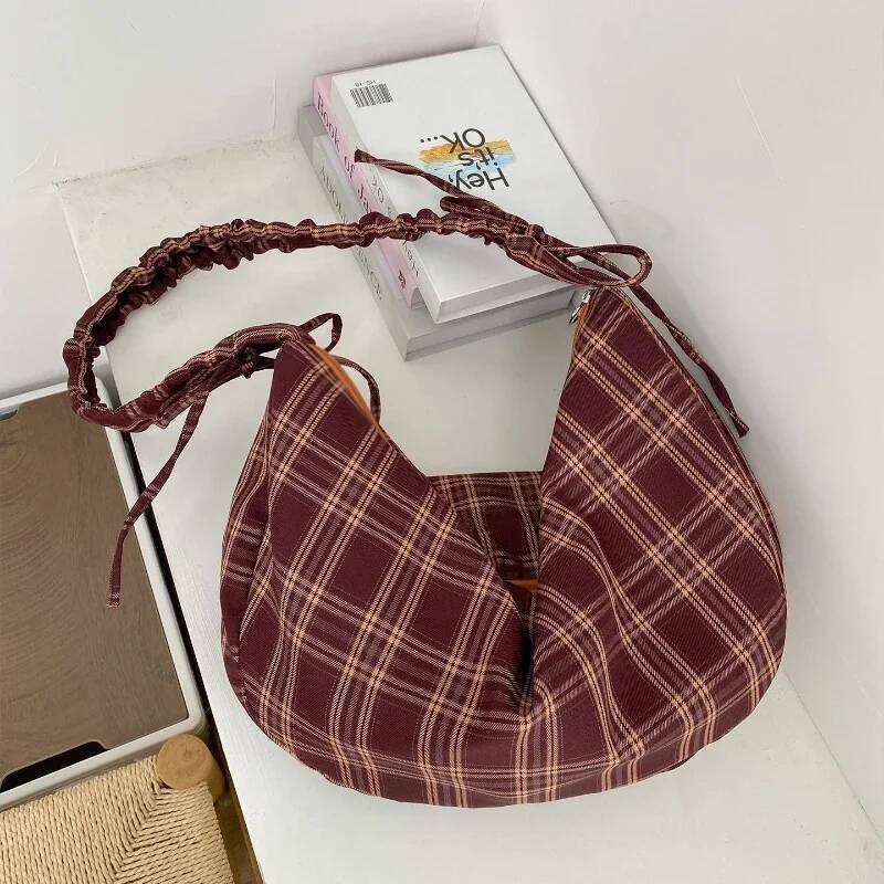 Vintage Plaid Women's Shoulder Crossbody Bags Large Capacity Ladies Pleated Underarm Bag Retro Girls Drawstring Tote Handbags Z260224