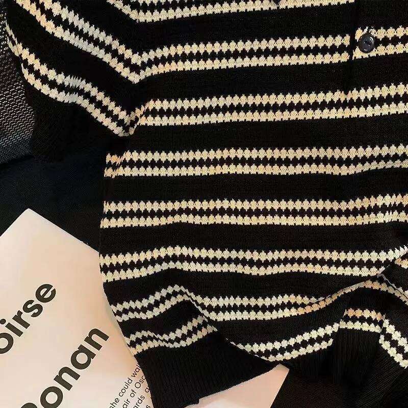 Summer New POLO Collar Fashion Short Sleeve Polo Shirts Women High Street Casual Striped Contrast Color Button Knitting Pullover 26W0224