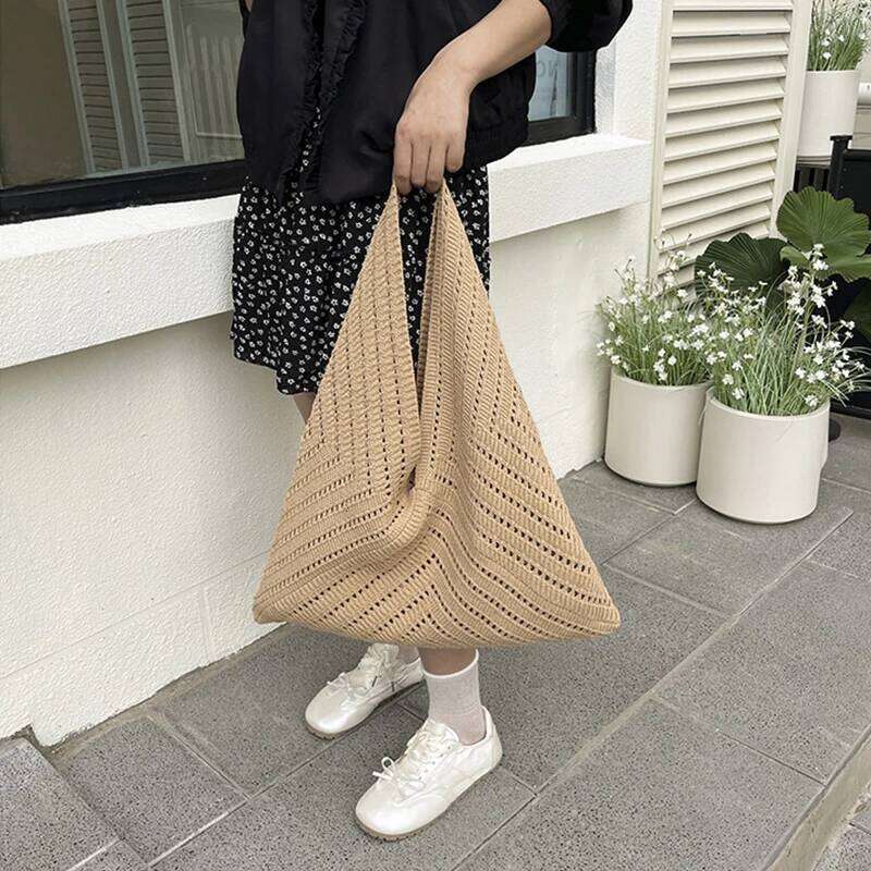 Women's Handmade Crochet Tote Large Capacity Knitted Trendy Summer Beach Shoulder Bag Hollow out Handbag in Khaki Z260224