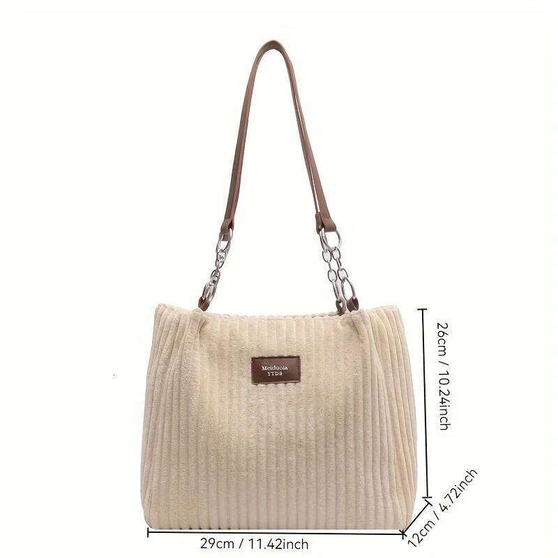 Women's Corduroy Bag, Solid Color Handbag, Fixed Shoulder Strap, Zipper Closure, Large Capacity, Simple and Fashion Z260224