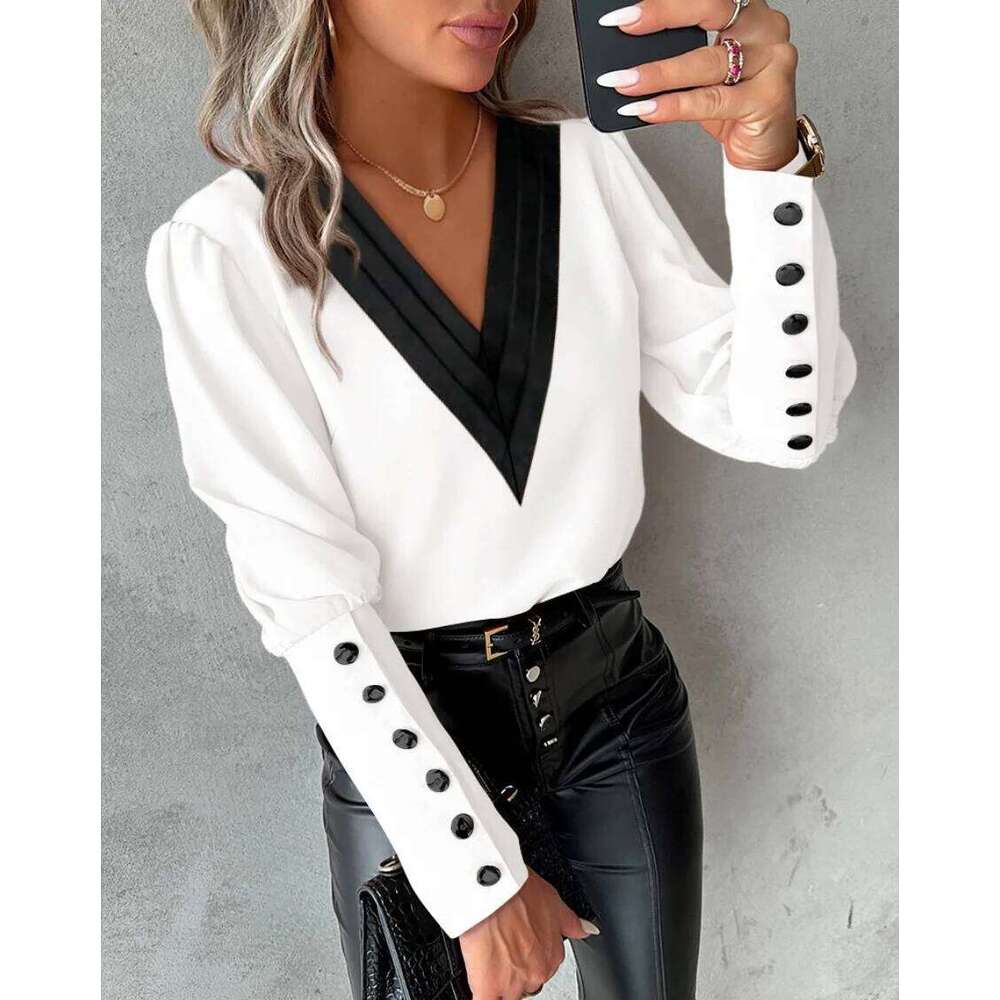 Office Ladies V-neck Button Shirt Blouse Spring Autumn Fashion Color Matching Long Sleeve Shirts For Women 2024 White Tops Femme 26W0224