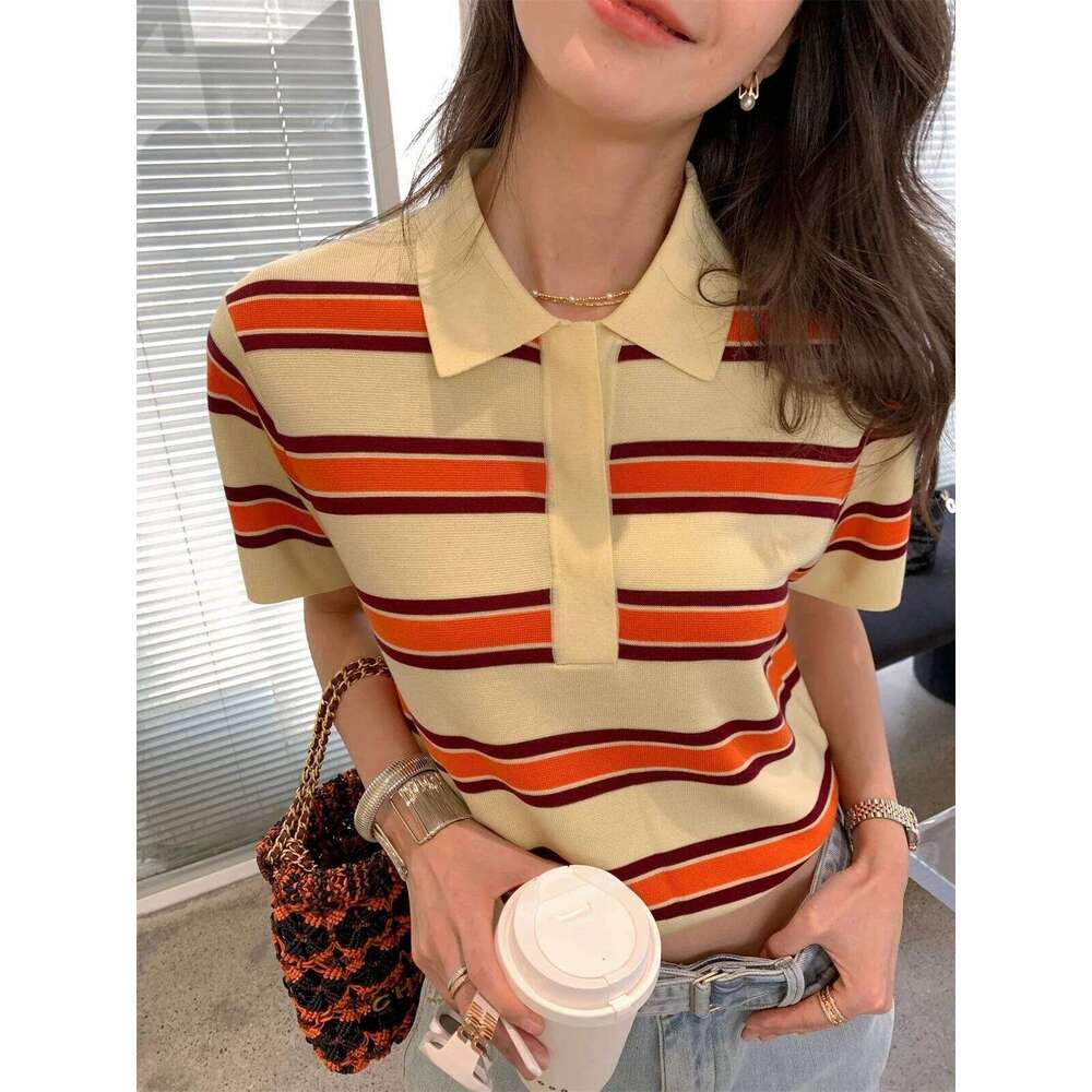 2025 Classic POLO collar Design Pure Lyocell Pullover Women's knitted Short sleeves Sweater High-quality Multi-color Stripes Top 26W0224