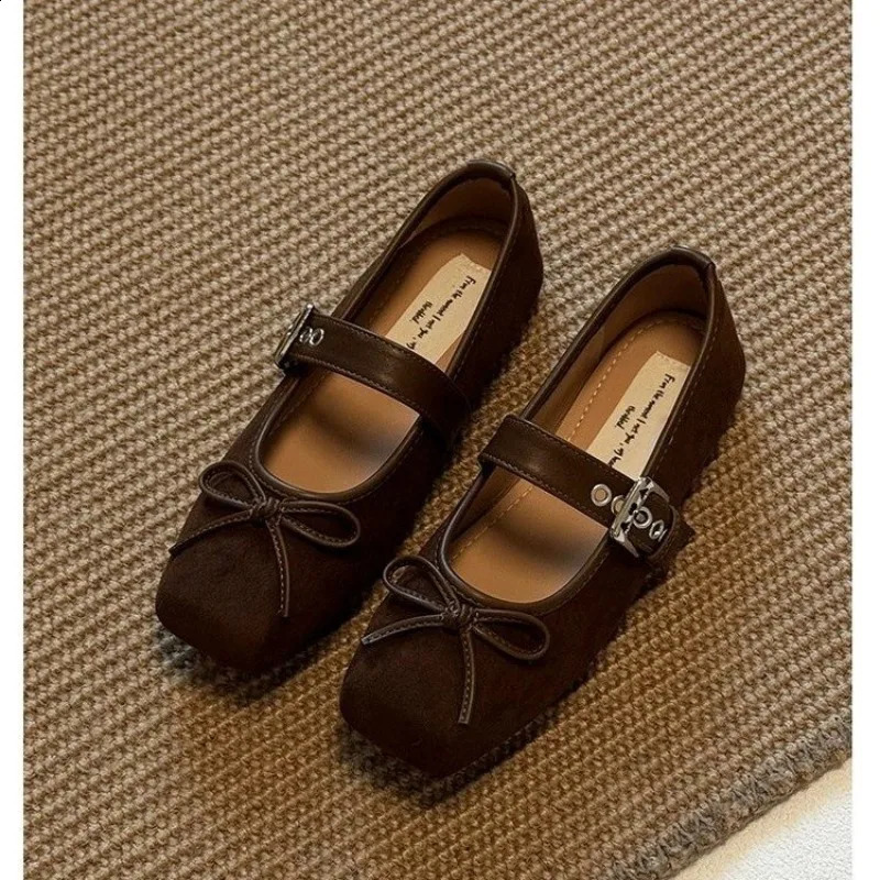 2026 Spring Bow Square Toe Shallow Single Shoes One Buckle Vintage Mary Jane Womens Shoes 260130