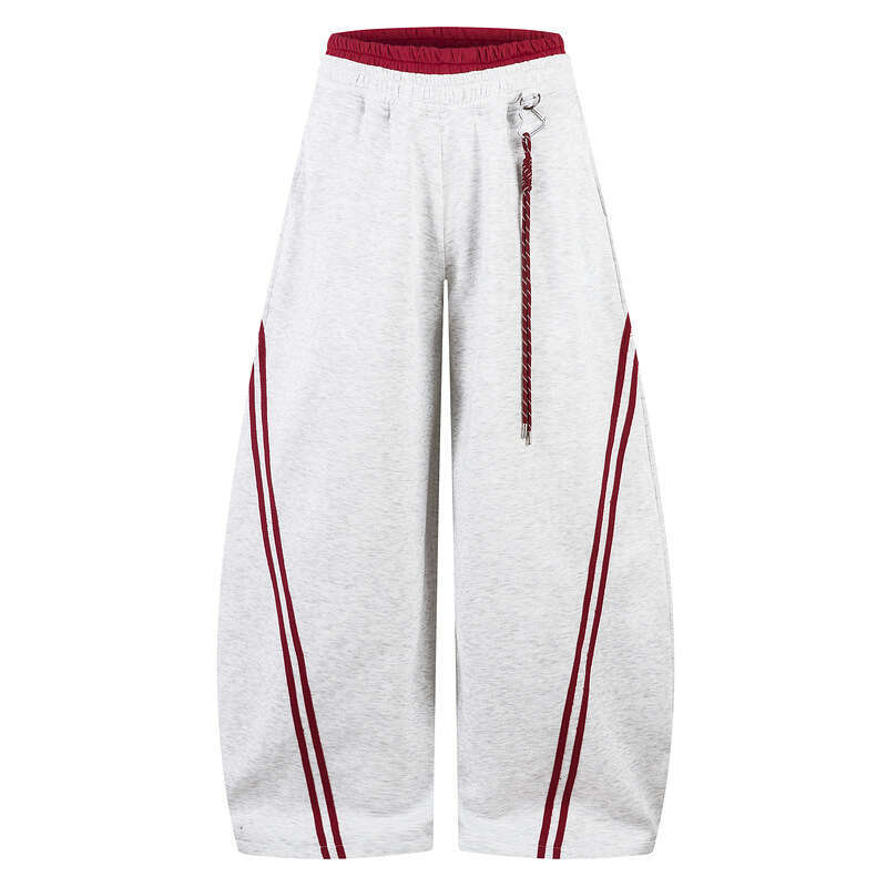 American retro striped color-blocked red interior double-layer curved casual with a stylish design, loose wide-leg sports pants for men and women