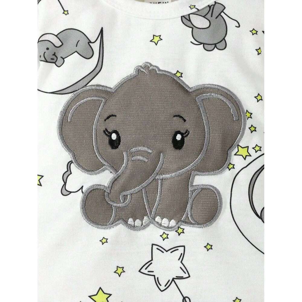 2pcs Baby Cute Elephant Pattern Embroidery Long Sleeve Romper With Hat 26Y0224