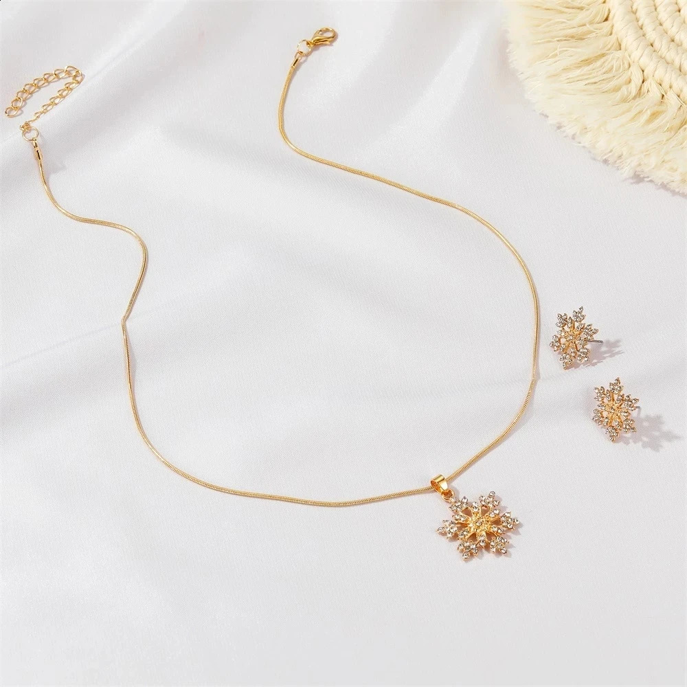 925 Silver Gold Color Snow Flower Wedding Engagement Jewelry Set For Women Pendant Necklace Earrings Fashion 260207