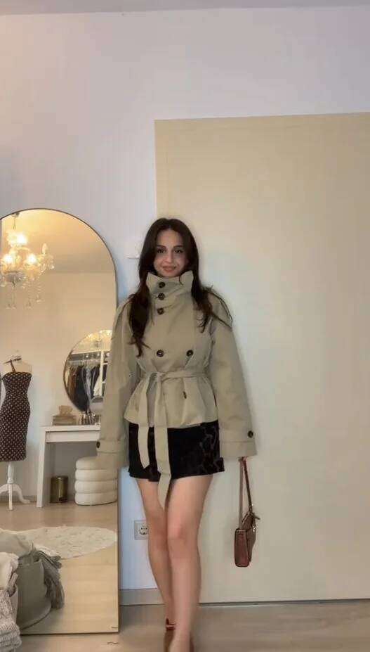 Mardi Hefxessdr Belted Waist Cropped Trench Jacets Double Breasted Stand Collar Coats Autumn Chic Casual Vintae Jacet Women Cloth