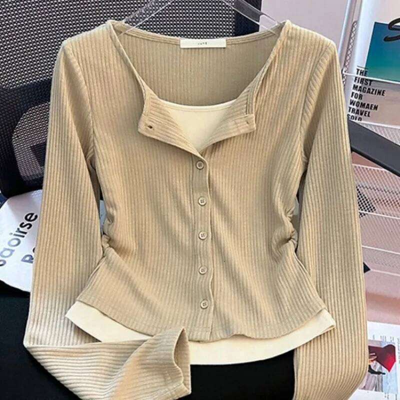 Unique Design Fake Two Pieces Long Sleeve Slim Fit T-Shirt Women's Early Autumn Wrinkle New Base Shirt Top Korean Knitwear 26L0224