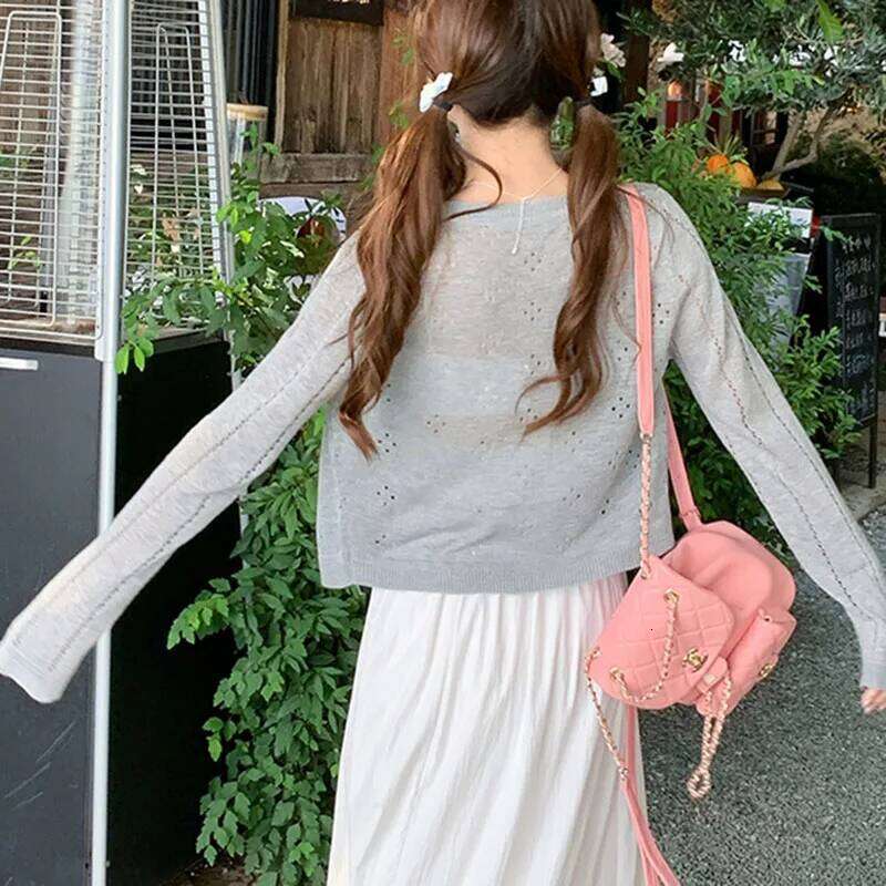 Grey Knitted Cardigan Thin Women Summer Hollow Out Long Sleeve Button Sun Protected Korean Style Short Knitwear Tops Female 26L0224