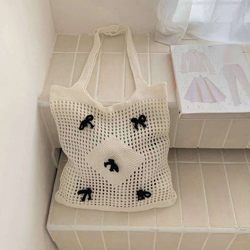 Bowknot Crochet Tote Summer Beach Mesh Knitted Large Aesthetic Shoulder Knit Handbags Hollow Bag for Women Z260224