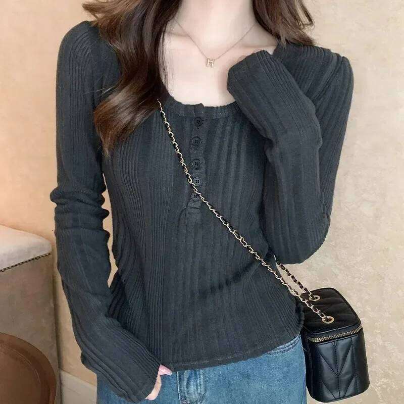 U-Neck Long-Sleeved T-shirt Female Spring & Fall 2024 New Arrival Korean Tops Sexy Sunken Stripe Brushed Inner Bottoming Clothes 26L0224