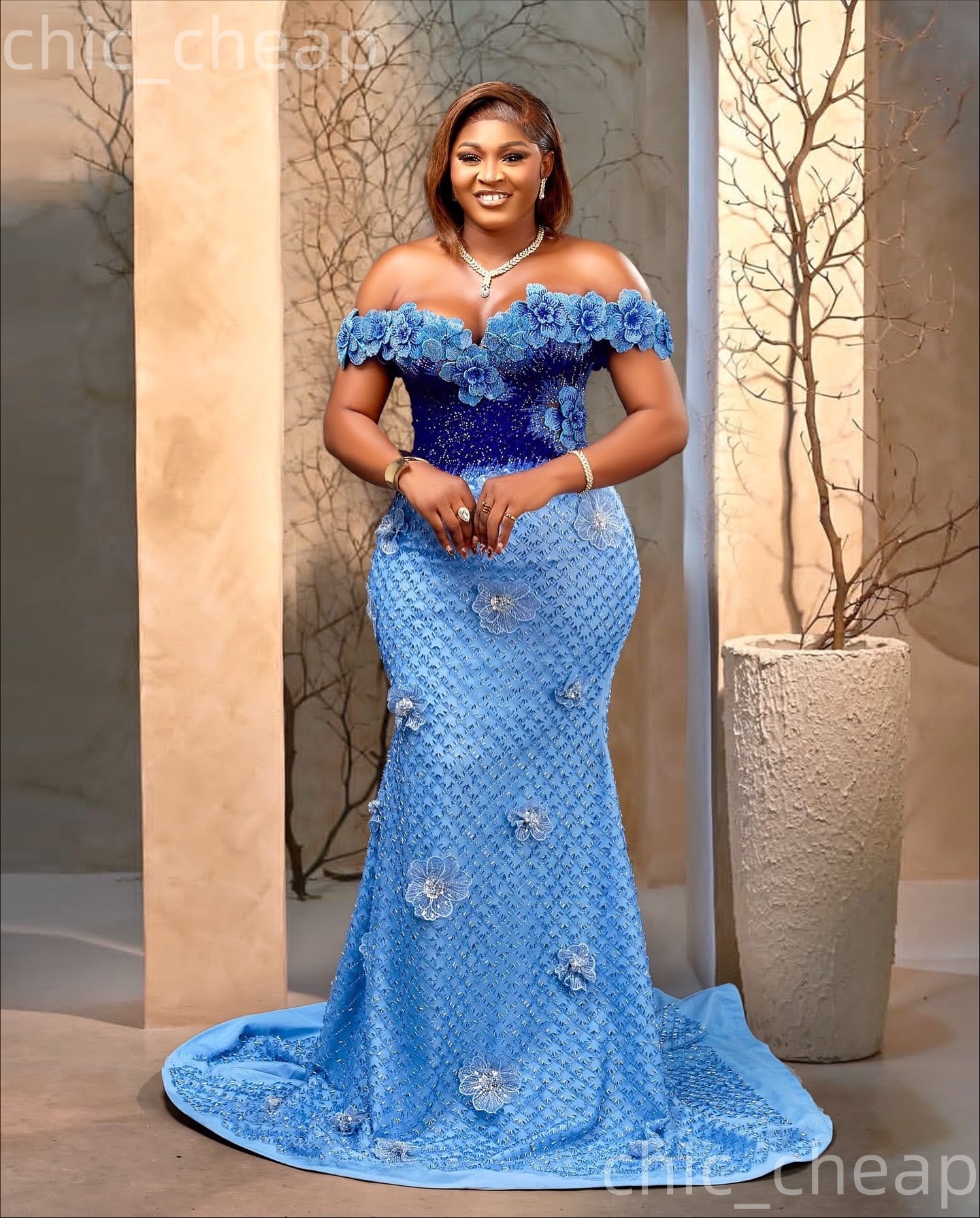 Aso Ebi Sky Blue Mermaid Prom Dresses 2026 Flowers Sequined Sweetheart Evening Formal Party Second Birthday Engagement Gowns Dress For Special Occasio