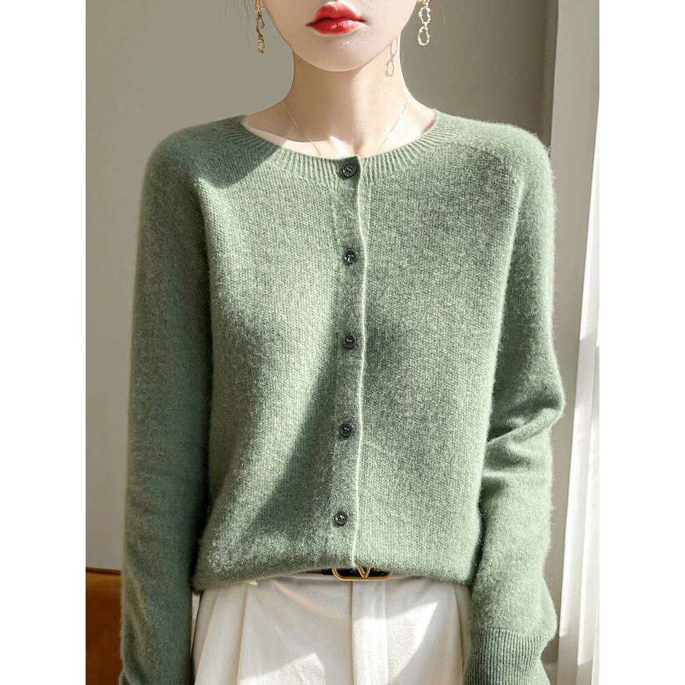 Women 100% Merino Wool Cardigan Soft O-Neck Cashmere Sweater OL Buttoned Knitwear Casual Top Clothing Korean Style 26L0224