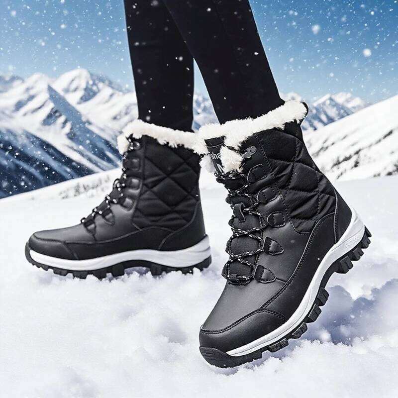 Warm Elegant Thick Cotton Fleece Anti Slip Outdoor Hiking Shoes Comfortable Platform High Top Women's Bare Boots