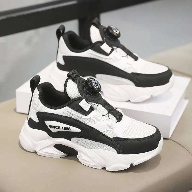 Childrens Sports Knob Buckle Single Double Mesh Sneakers Trendy Breathe Damping Lightweight Casual Running Shoes for Kids 26W0224