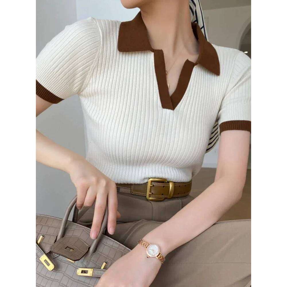 Women's T-shirt Polo Collar Short Sleeve Fashion Blouses 2025 Female Slim Knitted Tee White Skinny Casual Women Summer Tank Top 26W0224