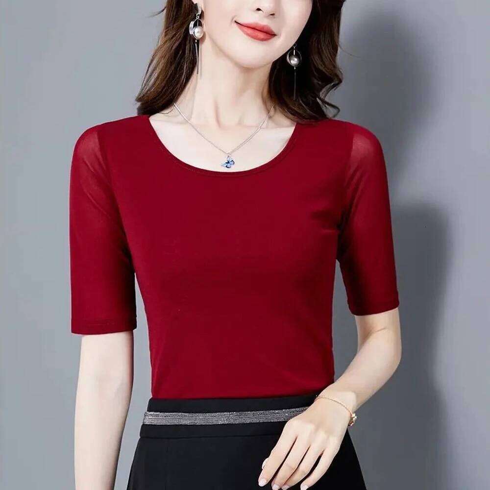 Women's New Mesh T S-3XL Basic O-neck Short Sleeve Shirt Women Slim Stretch Bottoming Top Red Green Ladies Sexy Tees 26Y0224