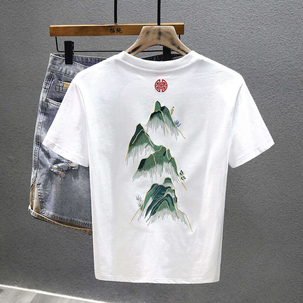 Men's T-shirt New Chinese Style Landscape Embroidered Short-sleeve White Green Landscape Embroidery On Back With Red Pattern On Top Loose Fit