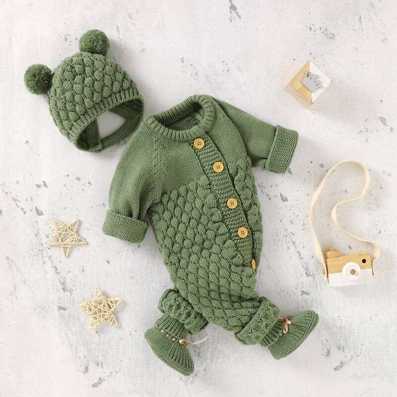 VISgogo 2PCS Baby Fall Winter Clothes Outfits Infant Boys Girls Jumpsuit Long Sleeve Solid Color Knitted Romper + Bear Hat Set 26Y0224
