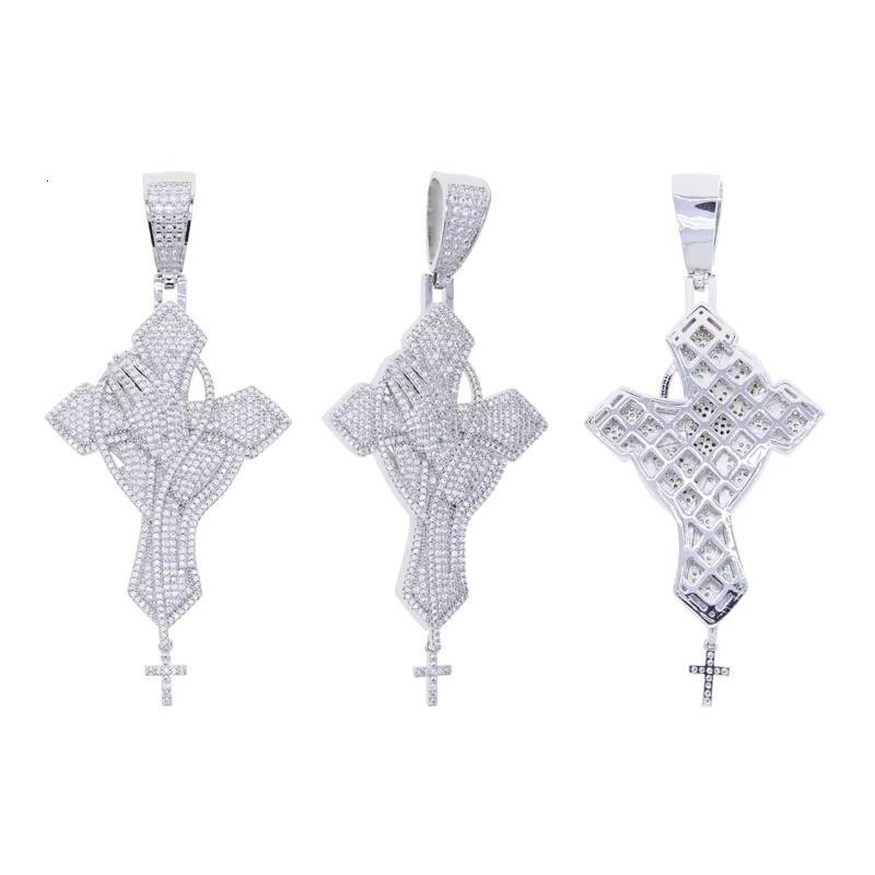 Bling SIlver Hip Hop Men Jewelry Micro Pave Moissanite Praying Hands Cross Pendant Necklace