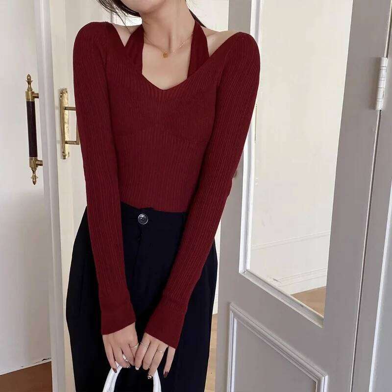 V-neck Halter Neck Sweater Women Slim Long Sleeve Autumn Design Korean Fashion Casual Top 26L0224